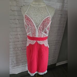 Lipsy London Lace Detail Sleeveless Dress | Coral | UK 10/S 6 | EUC